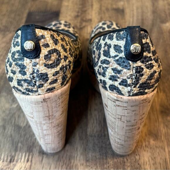 Stuart Weitzman Women’s Raffia Leopard Chetah Leather Cork Wedge Pumps Size 6 - Picture 6 of 10